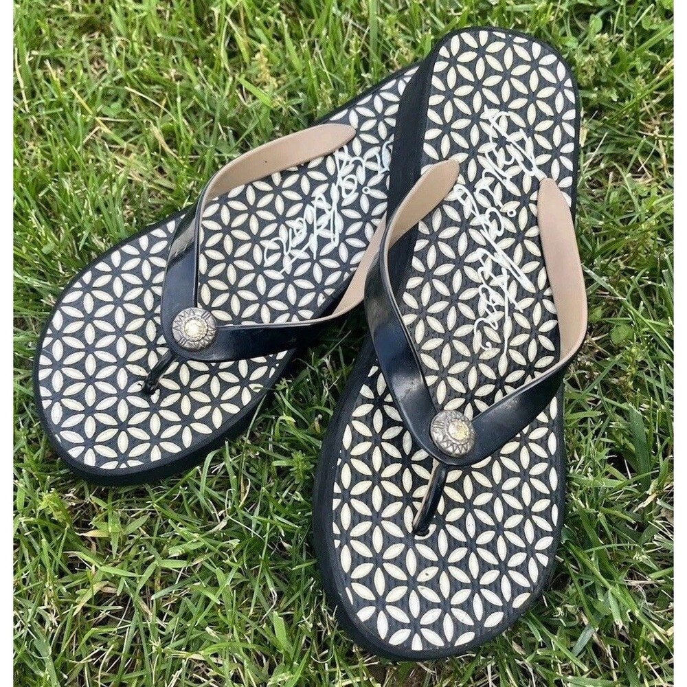 Brighton Wedge Flip Flop Thong Women's Black & White Geometric Sz 9 Gemstones